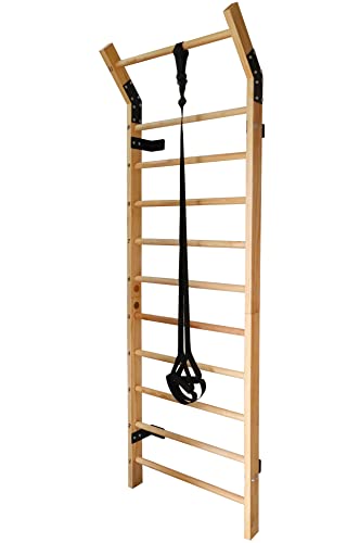 Swedish Ladder Wood Stall Bar Suspension Trainer – Physical Therapy & Gymnastics Ladder w/ 11 Strategic Rods. Solid Pine.