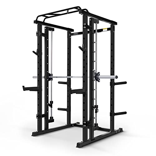 RitFit Smith Machine Power Cage with Smith Barbell, Multi-Function Squat Rack with Weight Storage Pegs, Landmine, J Hooks and Other Attachments, Full Body Workout for Home Gym…