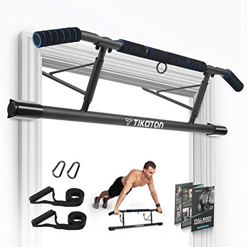 Tikaton Pull Up Bar for Doorway – Angled Grip Home Gym Exercise Equipment – Pull up bar with Shortened Upper Bar and Bonus Suspension Straps (Fits Almost All Doors)