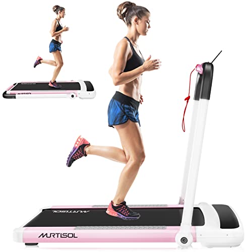 2 in 1 Folding Treadmill, 2.25HP Under Desk Electric Treadmill, Installation-Free with APP, Remote Control and LED Display, Portable Walking Machine for Home, Office & Gym, Pink & White