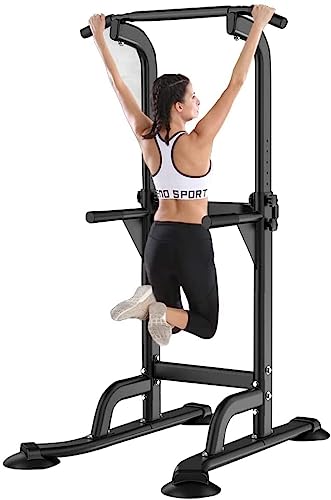 Dland Power Tower Pull Up Bar Dip Station and Height Adjustable Dip Bar Stand, Multi-Function Home Gym Exercise Equipment Strength Training Fitness Workout Station, Black
