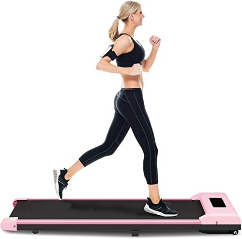 Walking Pad Under Desk Treadmill, Portable Treadmills Motorized Running Machine for Home, 6.25MPH, No Assembly Required, Remote Control, 240 Lb Capacity (Pink)