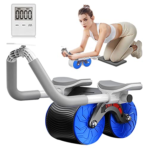 Ab Abdominal Exercise Roller Elbow Support Automatic Rebound Abdominal Wheel with Knee Pad and Timer, Abs Roller Wheel Core Workout Strength Trainin Equipment for Beginners Home Gym (Blue)