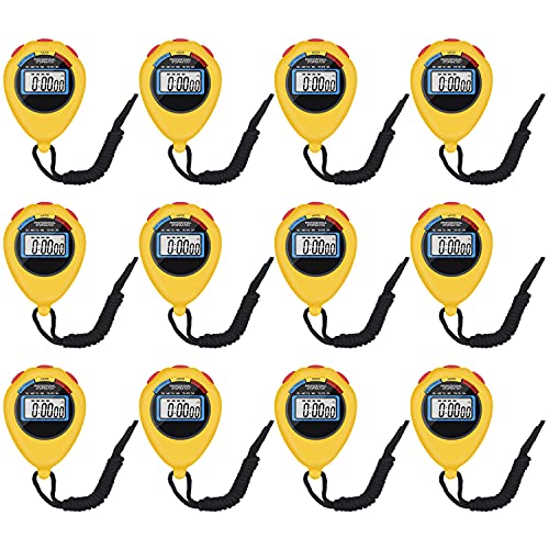 12 Pack Multi-Function Electronic Digital Sport Stopwatch Timer, Large Display with Date Time and Alarm Function,Suitable for Sports Coaches Fitness Coaches and Referees (Yellow)