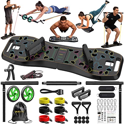 LALAHIGH Portable Home Gym System: Large Compact Push-Up Board, Pilates Bar & 20 Fitness Accessories with Resistance Bands & Ab Roller Wheel – Full Body Workout for Men and Women, Best Choice for Father’s day Gift