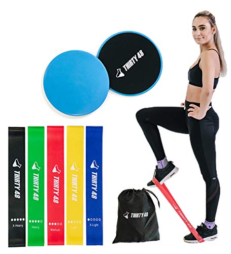 Thirty48 Gliding Discs Core Sliders and 5 Exercise Resistance Bands | Strength, Stability, and Crossfit Training for Home, Gym, Travel | User Guide & Carry Bag