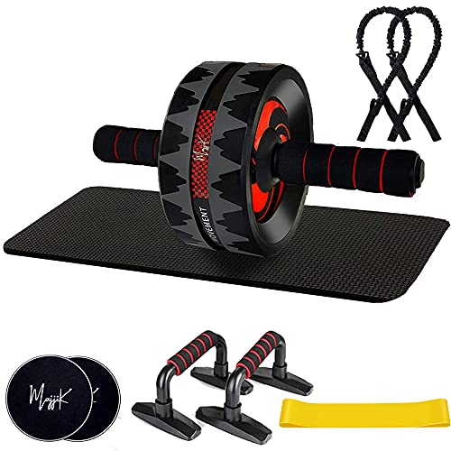 Majjik Ab Roller Wheel, 9 in 1 Abs Workout Equipment for Abdominal Muscle Training, Ab Wheel Home Gym Exercise Equipment with Core Sliders, Push Up Bars, Knee Mat, Resistance Band & Rope