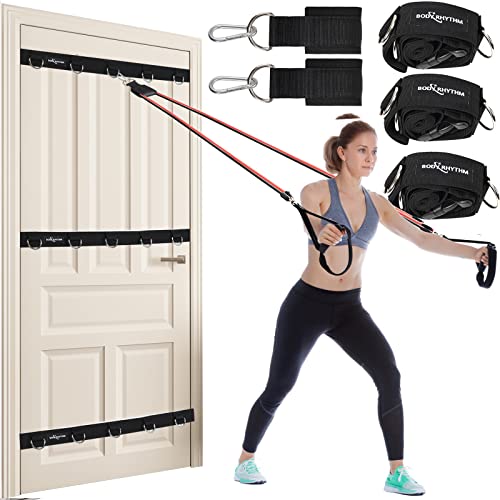 BODY RHYTHM Heavy Duty Door Anchor Strap – Great for Resistance Bands, Physical TherapyBands, and Closed Loop Bands (Black, Three Horizonal Straps)