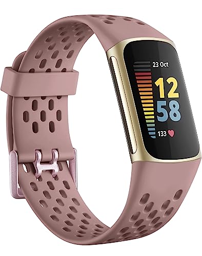 Getino Compatible with Fitbit Charge 5 Bands for Women Men, Soft Breathable Comfortable Replacement Sport Strap Adjustable Wristbands for Fitbit Charge 5 Advanced Fitness Tracker, Dusty Pink