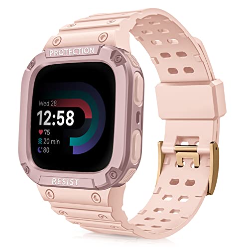 Fintie Bands with Case Compatible with Fitbit Versa 4/3 / 2/1 / Versa Lite/Fitbit Sense 2 / Sense, Protective Case Strap Rugged Sport Band Men, Pink Sand