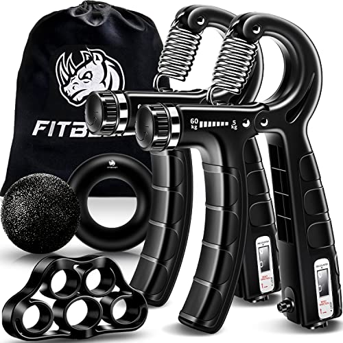 FitBeast Hand Grip Strengthener Workout Kit (5 Pack), 2 Forearm Grip Adjustable Resistance Hand Gripper, Finger Stretcher, Grip Ring & Stress Relief Grip Ball for Athletes