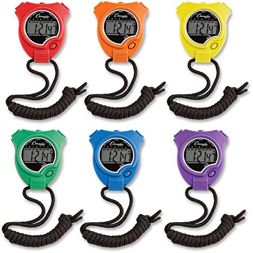 Champion Sports 910SET Stopwatch Timer Set: Waterproof, HandHeld Digital Clock Sport Stopwatches with Large Display for Kids or Coach – Bright Colored 6 Pack, Assorted