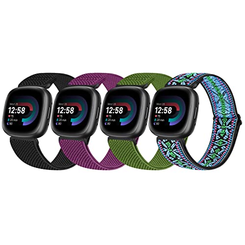 Vodtian 4 Pack Elastic Bands Compatible for Fitbit Versa 4/Versa 3/Fitbit Sense 2/Sense Band, Adjustable Nylon Stretchy Replacement Loop Straps for Fitbit Versa 4/Sense 2/Versa 3/ Sense Women Men