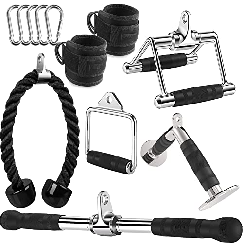 WNOEY Triceps Pull Down Attachment, Cable Machine Accessories for Home Gym (V Handle + Row Handle + Rotating Bar + Tricep Rope + Ankle Straps + D Handle)