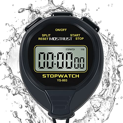 MOSTRUST Digital Waterproof Stopwatch, No Bells, No Clock, Simple Basic Operation, Silent, ON/Off, Large Display for Swimming Running Training Kids Coaches Referees Teachers (Black)