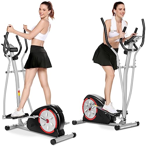 Elliptical Machine Magnetic Elliptical Training Machine for Home Use 350LB Weight Limit Elliptical Training Machines with LCD Monitor and Smooth Quiet Driven Pulse Rate Grips (Red-Gray)