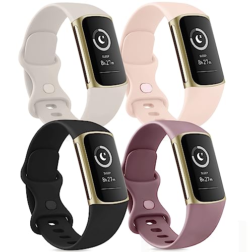 Tobfit Silicone Bands Compatible with Fitbit Charge 5 Bands for Women Men, Soft Classic Sport Replacement Wristbands Straps Waterproof Watch Band Compatible for Fitbit Charge 5 Accessories (4 Pack) Small, (Black/Mauve/Lightpink/Starlight)