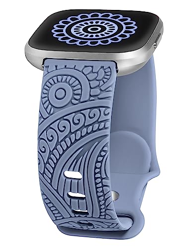 SLICKA Floral Engraved Compatible with Fitbit Versa 2/Versa/Versa Lite Watch Bands Women Men, Cute Soft Sport Summer Dressy Silicone Strap with Fancy Boho Henna Pattern for Versa 2, Ice Blue