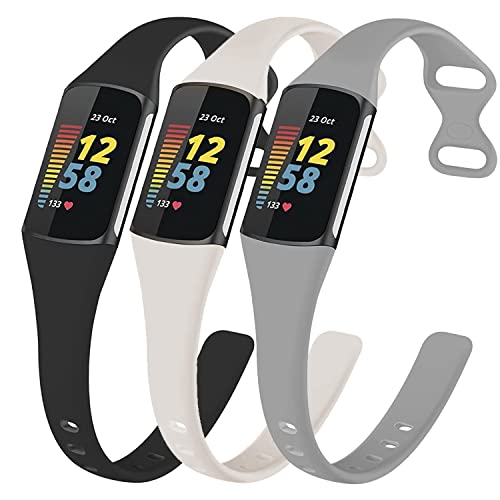 3 Pack Bands for Fitbit Charge 5，Soft Silicone Adjustable Sport Band Replacement Wristbands for Fitbit Charge 5 Fitness Tracker（Black+official white+limestone）