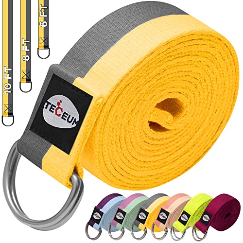 [SPRING 2023] TECEUM Yoga Strap – Cotton – 6 ft 8 ft 10 ft (6+ colors) – Adjustable Non-Slip Belt for Daily Yoga, Pilates, Stretching, Physical Therapy, Fitness & Home Workout – For All Levels