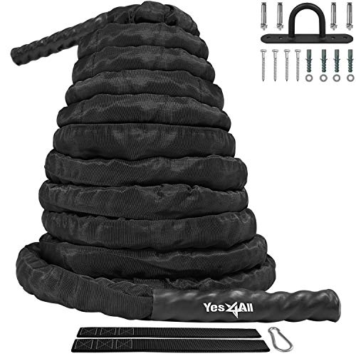 Yes4All Battle Exercise Training Rope with Protective Cover – Steel Anchor & Strap Included, Black, 2in – 40ft