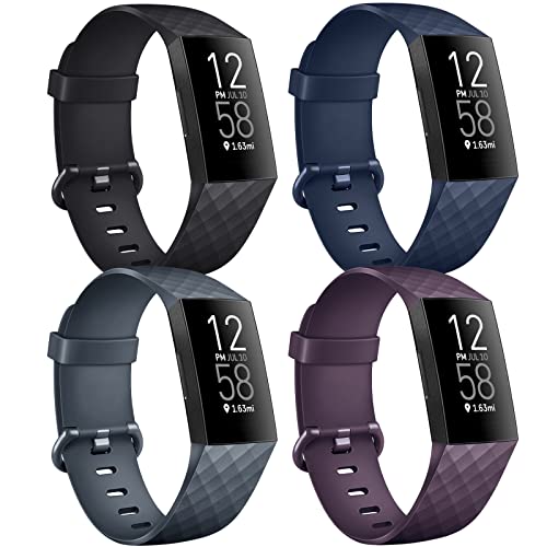 Vancle bands for Fitbit Charge 4 / Fitbit Charge 3 / Charge 4 SE/ Charge 3 SE for Women Men, 4-Pack Sports Silicone Replacement Wristband Strap for Fitbit Charge 4/ Charge 3, Black/Slate/Dark blue/Deep purple L