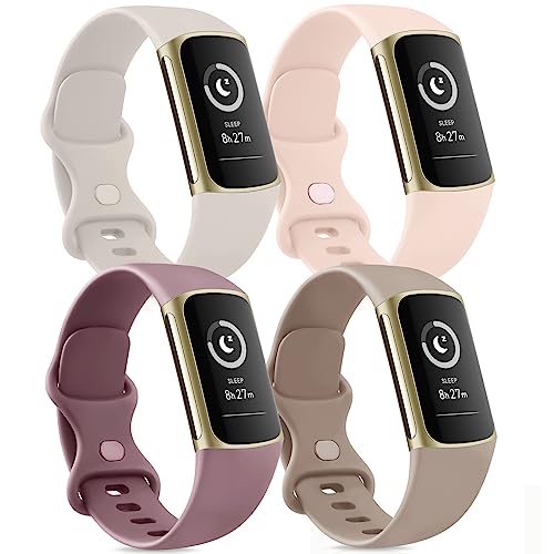 Tobfit Silicone Bands Compatible with Fitbit Charge 5 Bands for Women Men, Soft Classic Sport Replacement Wristbands Straps Waterproof Watch Band Compatible for Fitbit Charge 5 Accessories (4 Pack) Small, (Lightpink/Starlight/Mauve/Milk Tea)