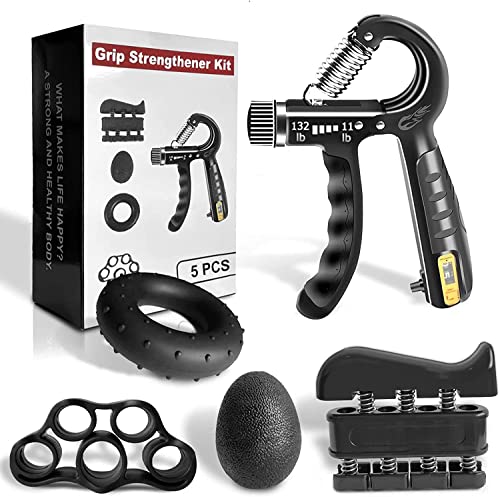 FLYFE Grip Strength Trainer Kit (5 Pack), Forearm Strengthener, Hand Squeezer Adjustable Resistance, Finger Stretcher, Grip Ring, Relief Ball and Finger Exerciser for Men and Women, Injury Recovery