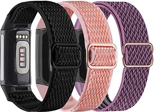 Nigaee 3 Pack Elastic Nylon Bands & Lace Silicone Bands Compatible with Fitbit Charge 5,Adjustable Breathable Replacement Straps Soft Nylon Loop & Slim Silicone Wristbands for Women Men