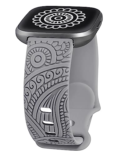 SLICKA Floral Engraved Compatible with Fitbit Versa 2/Versa/Versa Lite Watch Bands Women Men, Cute Soft Sport Summer Dressy Silicone Strap with Fancy Boho Henna Pattern for Versa 2, Grey