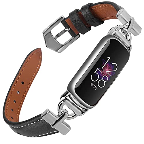 Unique D-shape Metal Buckle Bands Compatible with Fitbit Luxe Bands for Women Top Grain Leather Strap Compatible for Fitbit Luxe/Fitbit Luxe Special Edition Fitness Tracker (Silver/Black)