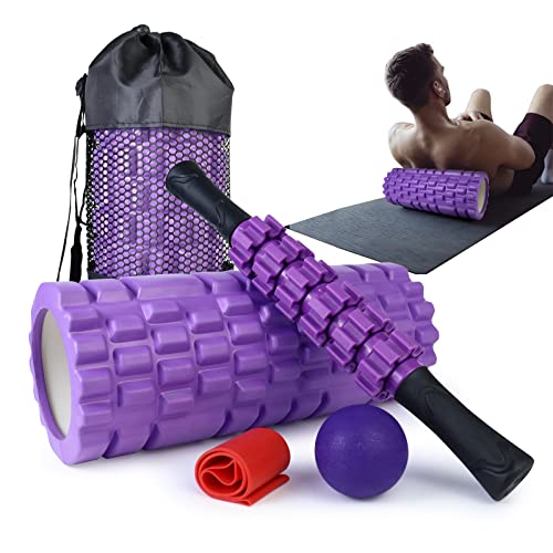 Krightlink 5 in 1 Foam Roller Set for Deep Tissue Muscle Massage, Trigger Point Fitness Exercise Foam Roller, Massage Roller, Massage Ball, Stretching Strap, for Whole Body (Purple)