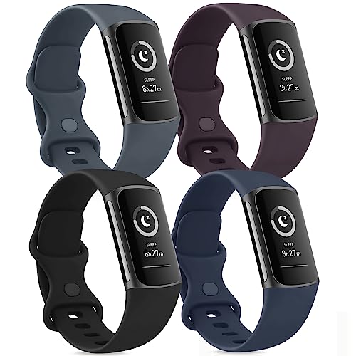 Tobfit Silicone Bands Compatible with Fitbit Charge 5 Bands for Women Men, Soft Classic Sport Replacement Wristbands Straps Waterproof Watch Band Compatible for Fitbit Charge 5 Accessories (4 Pack) Large, (Black/Abyss Blue/Stormy/Plum)