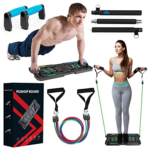 BlueClouds Push Up Board and Pilates Bar Kit – Color Coded Foldable Pushup Board Fitness Tool – Reinforced Aluminum Resistance Band Bar – At Home Gym Accessories for Men and Women – Portable Gym