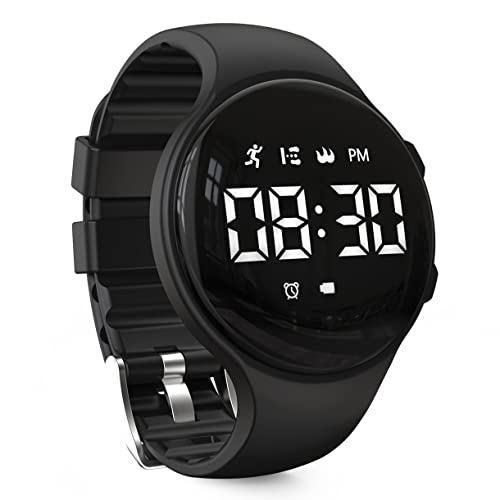 Kids Led Pedometer Watch, Digital Steps Tracker, Non-Bluetooth, Vibrating Alarm Clock, Stopwatch, Great Gift for Children Teens Girls Boys (Round-Black)