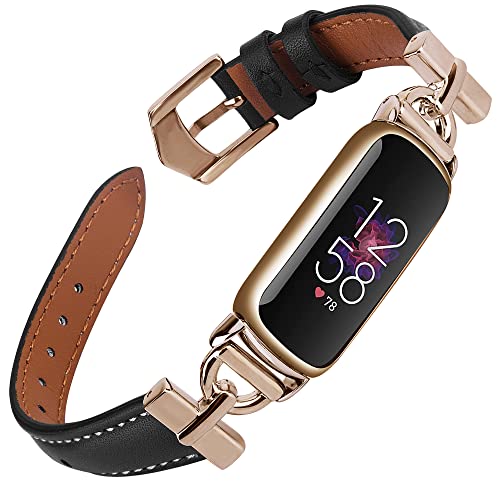 Unique D-shape Metal Buckle Bands Compatible with Fitbit Luxe Bands for Women Top Grain Leather Strap Compatible for Fitbit Luxe/Fitbit Luxe Special Edition Fitness Tracker (Rose Gold/Black)