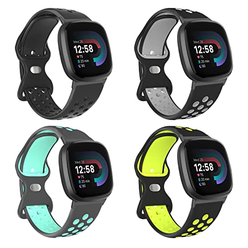 Jobese Compatible with Fitbit Sense Bands Men Women, Breathable Soft Silicone Replacement Sport Band Compatible with Fitbit Versa 3 Bands (4-Pack) (Large, Versa 4 – Black/Teal/Black Gray/Black Green)