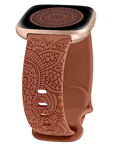 TOYOUTHS Boho Floral Engraved Band Compatible with Fitbit Versa 2/Versa/Versa Lite/Versa SE Bands, Women Sport Silicone Flower Pattern Fancy Cute Stylish Summer Strap for Fitbit Versa, Brown