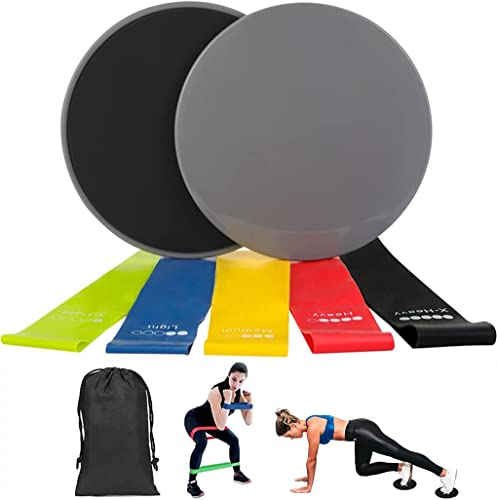 YONCONO Core Sliders and Exercise Loop Bands,5 Resistance Bands with 2 Double Fitness Sliding Gliders Workout Discs for Home Gym,Yoga,Crossfit,Pilates