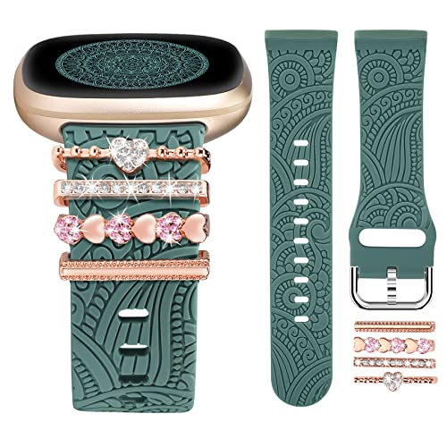 TOYOUTHS Decorative Ring Loop Compatible with Fitbit Versa 4/Versa 3/Sense 2/Sense Band Charms, Women Glitter Boho Floral Engraved Silicone Straps for Versa 4 (with Band)