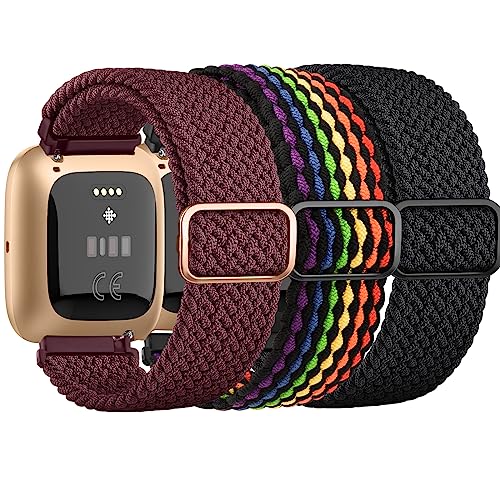 Tobfit Elastic Bands Compatible with Fitbit Versa 2 Watch Bands Women Men, Soft Adjustable Stretchy Loop Nylon Stylish Replacement Wristbands for Fitbit Versa 2 / Fitbit Versa / Versa Lite / Versa SE Watch, Black Rainbow/Black/Wine Red