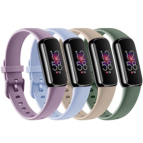 4 PACK Sport Bands Compatible with Fitbit Luxe Bands for Women Men, Soft Silicone Replacement Sport Straps Wristbands for Fitbit Luxe Fitness and Wellness Tracker (Light Purple/Baby Blue/Milk Tea/Avocado Green,Small)