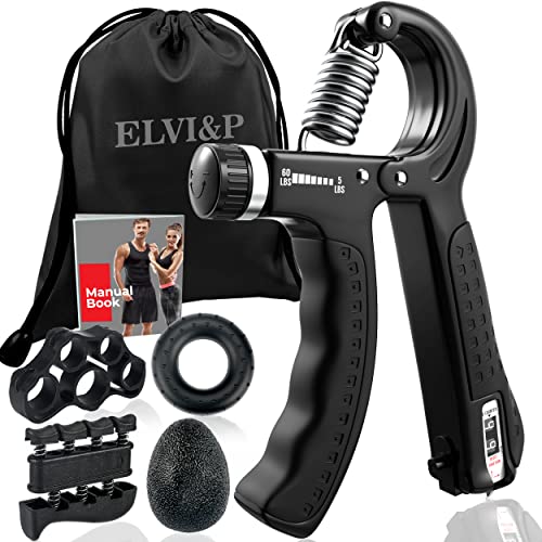 Elvi&P Hand Grip Strengthener Kit (5 Pcs) – PP & TPR Grip Strength Trainer – Forearm Strengthener Perfect for Athletes, Players, Artists, Fitness Enthusiast, Writers & More