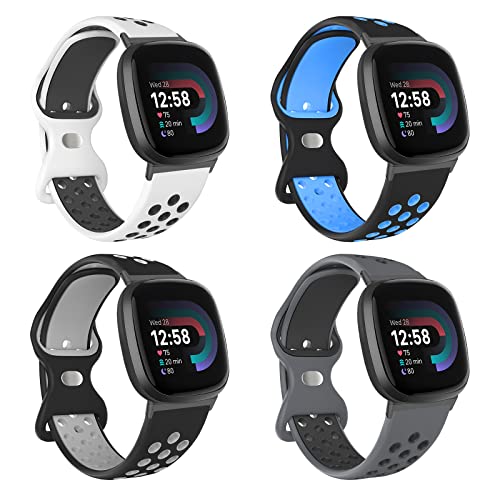 Jobese Compatible with Fitbit Sense Bands Men Women, Breathable Soft Silicone Replacement Sport Band Compatible with Fitbit Versa 3 Bands (4-Pack) (Large, Versa 4 – Black Blue/White Black/Black Gray/Gray Black)