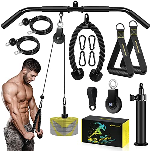 VAVOSPORT Fitness LAT and Lift Pulley System Gym – Upgraded LAT Pull Down Cable Machine Attachments, Loading Pin, Handle and Tricep Rope, for Biceps Curl, Forearm, Triceps Exercise Gym Equipment