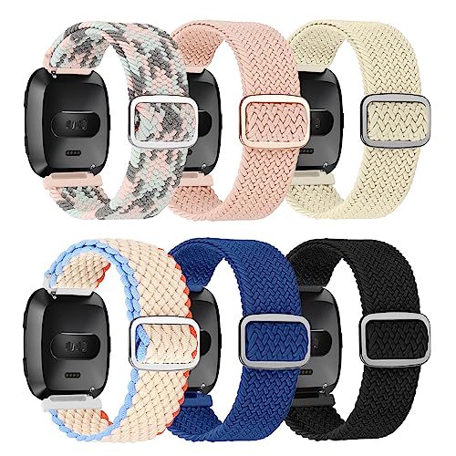 6 Pack Adjustable Elastic Watch Band Compatible with Fitbit Versa/Fitbit Versa Lite/Fitbit Versa 2 Bands for Women Men, Stretchy Sport Loop Band Soft Nylon Wristband Accessories (6 Pack Braided 2)
