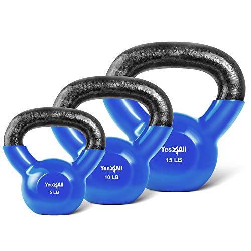 Yes4All Combo Vinyl Coated Kettlebell Weight Sets Great for Full Body Workout and Strength Training Blue, 5 10 15 lbs