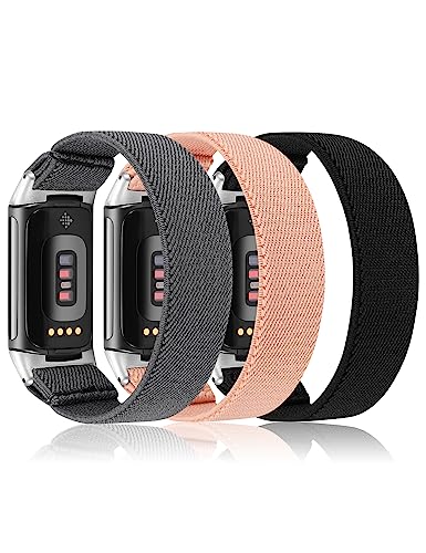 Minyee 3 Packs Elastic Band Compatible with Fitbit Charge 5 Bands for Women Men, Stretchy Woven Soft Nylon Sport Breathable Wristband Replacement Strap for Charge 5 Advanced Fitness Tracker (Black/Gray/Rose God, L)