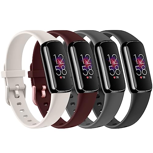 4 PACK Sport Bands Compatible with Fitbit Luxe Bands for Women Men, Soft Silicone Replacement Sport Straps Wristbands for Fitbit Luxe Fitness and Wellness Tracker (Black/Dark Gray/Hawthorn Red/Starlight,Large)