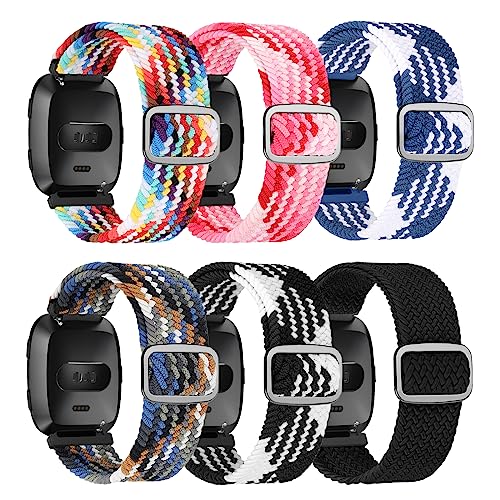 6 Pack Adjustable Elastic Watch Band Compatible with Fitbit Versa/Fitbit Versa Lite/Fitbit Versa 2 Bands for Women Men, Stretchy Sport Loop Band Soft Nylon Wristband Accessories (6 Pack Braided 1)